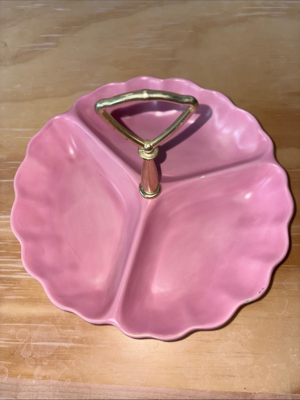 Pink Ceramic Three-Section Divided Serving Tray with Gold Handle